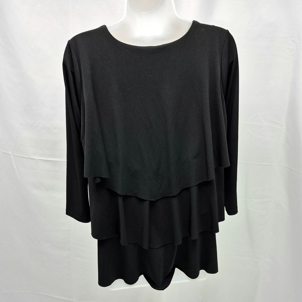 Susan Graver Top Women's Black Liquid Knit Tiered 3/4 Sleeve Scoop Neck Blouse S - Picture 3 of 11